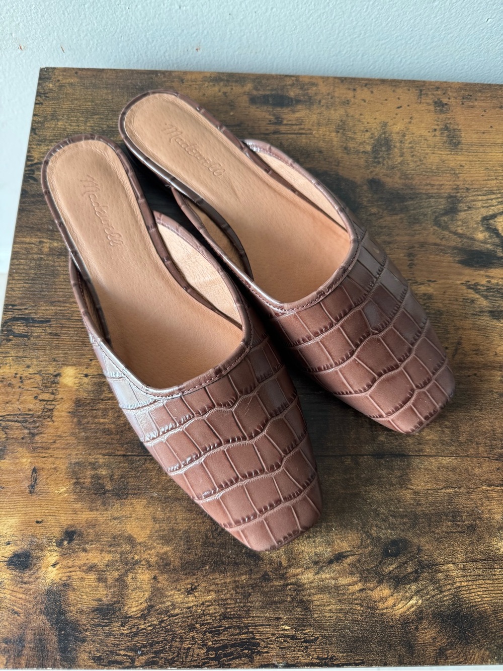 Madewell The Frances Mule Croc Embossed Leather Brown Square Toe Flat Shoe 10.5